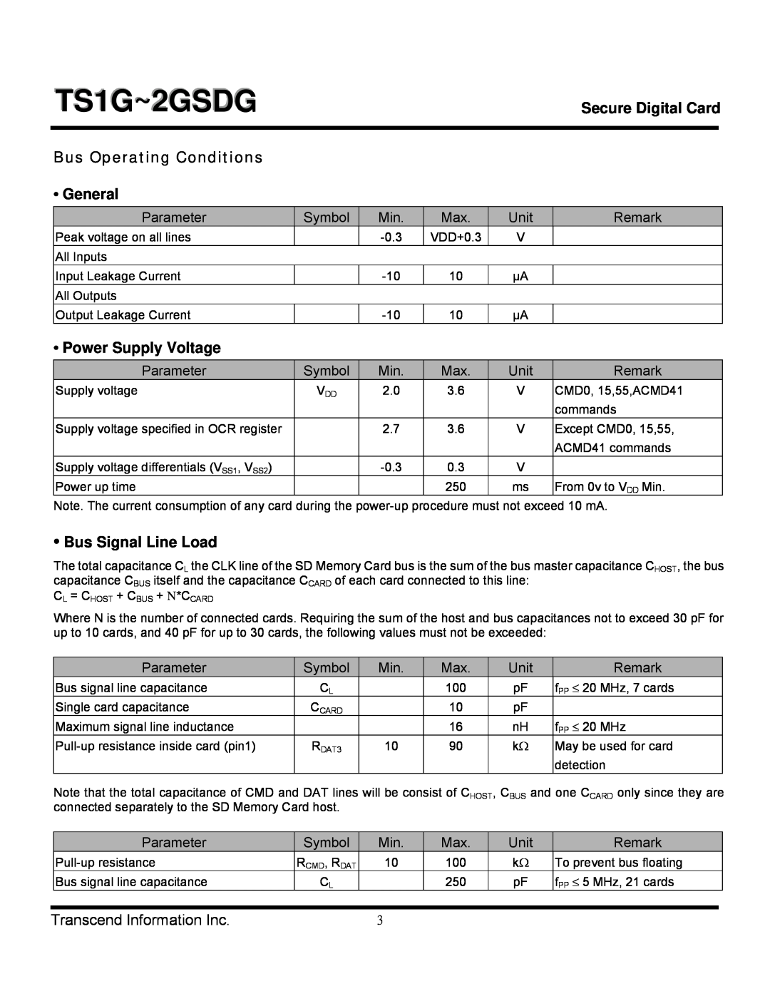 Transcend Information TS1GSDG Bus Operating Conditions General, Power Supply Voltage, Bus Signal Line Load, TS1G~2GSDG 