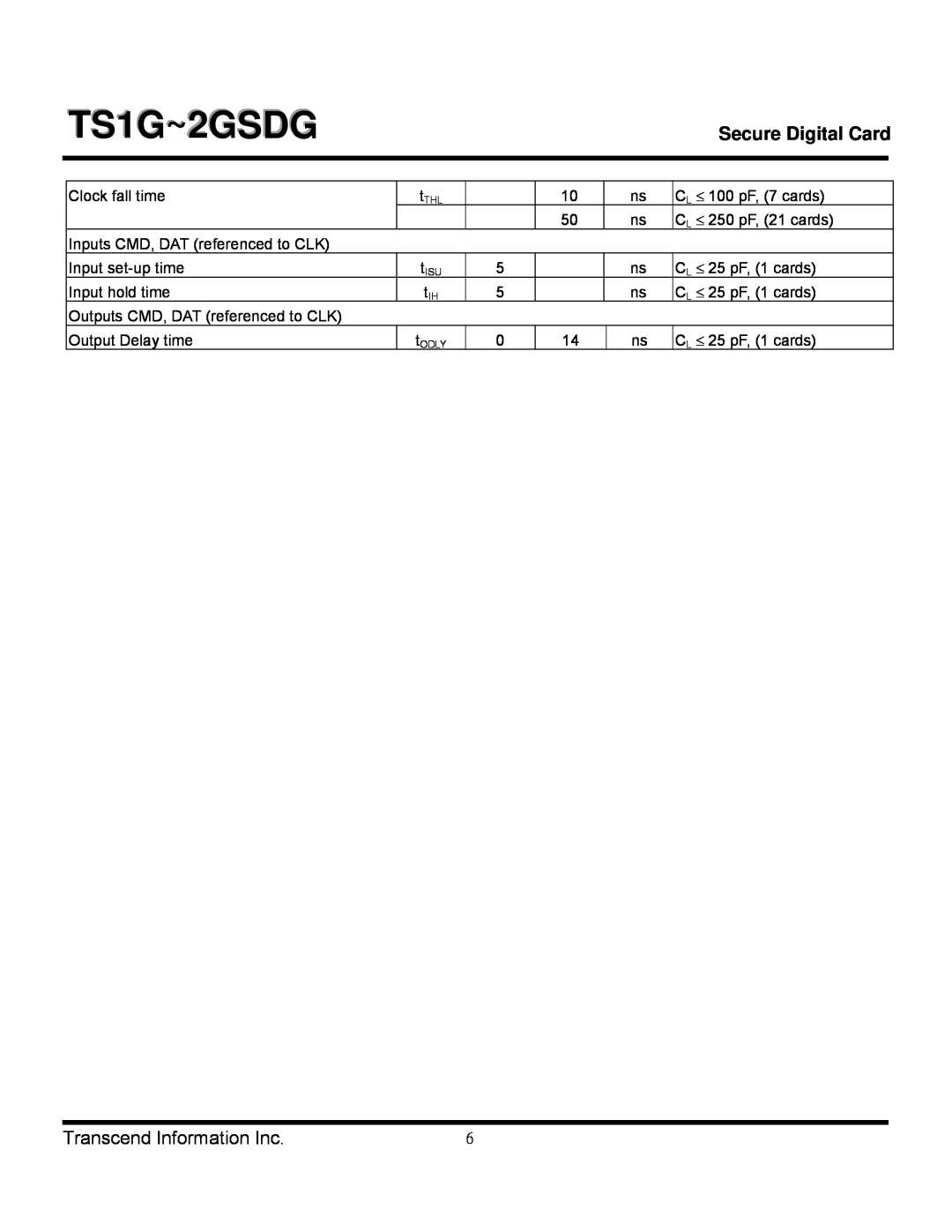 Transcend Information TS2GSDG, TS1GSDG manual TS1G~2GSDG, Secure Digital Card, Transcend Information Inc, tTHL, tISU, tODLY 