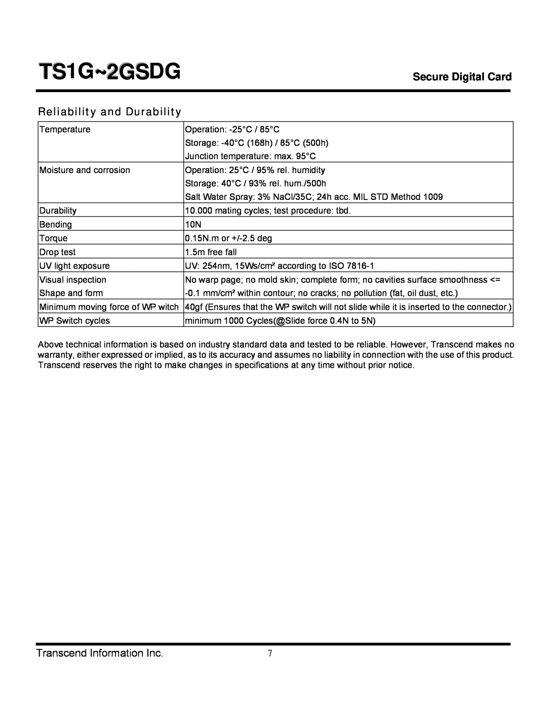 Transcend Information TS1GSDG manual Reliability and Durability, TS1G~2GSDG, Secure Digital Card, Transcend Information Inc 