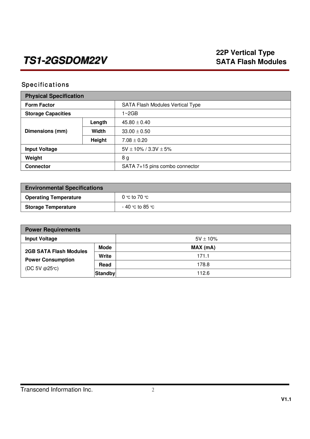 Transcend Information TS2GSDOM22V, TS1GSDOM22V dimensions Specifications, Physical Specification 