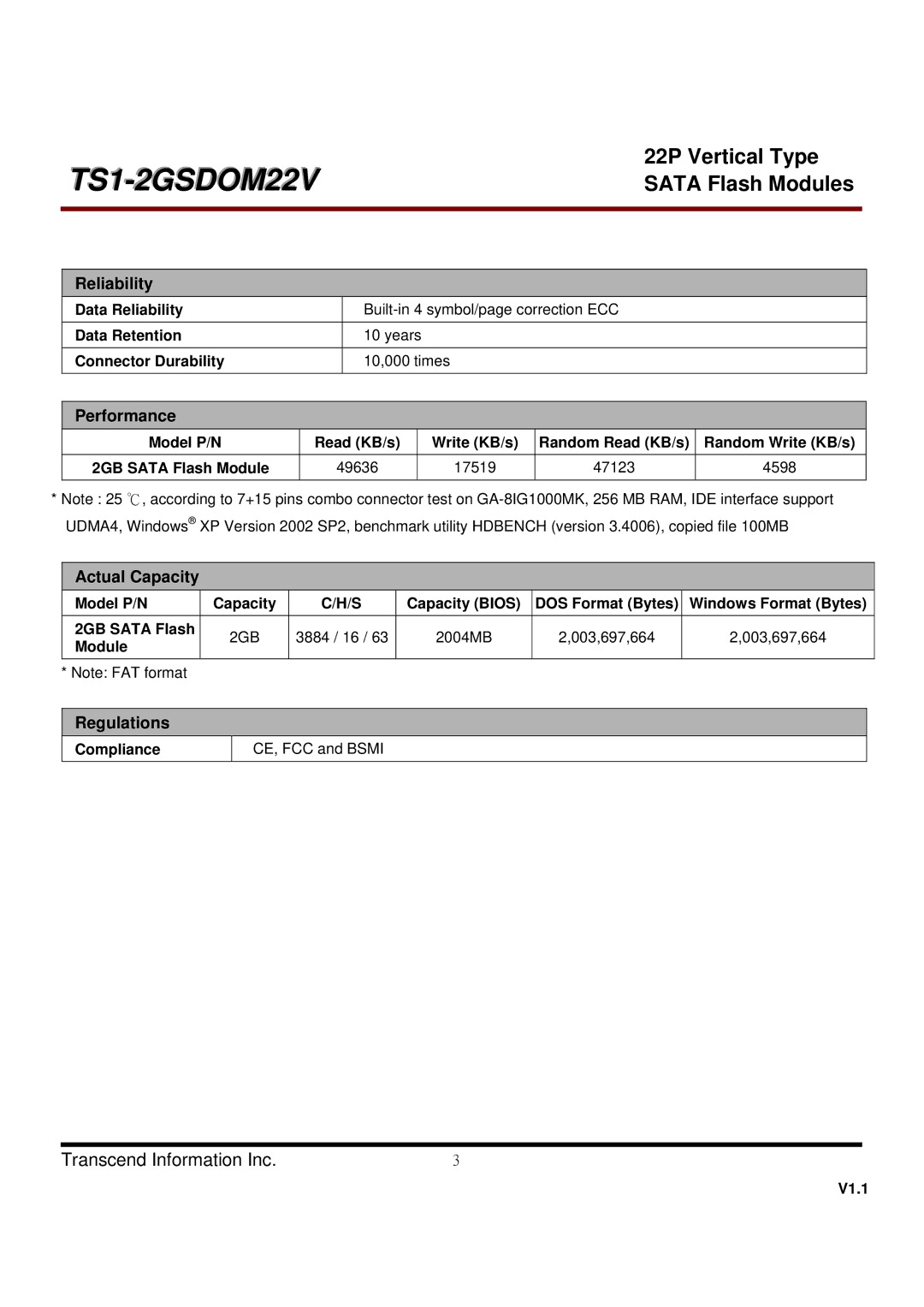 Transcend Information TS1GSDOM22V, TS2GSDOM22V dimensions Regulations 