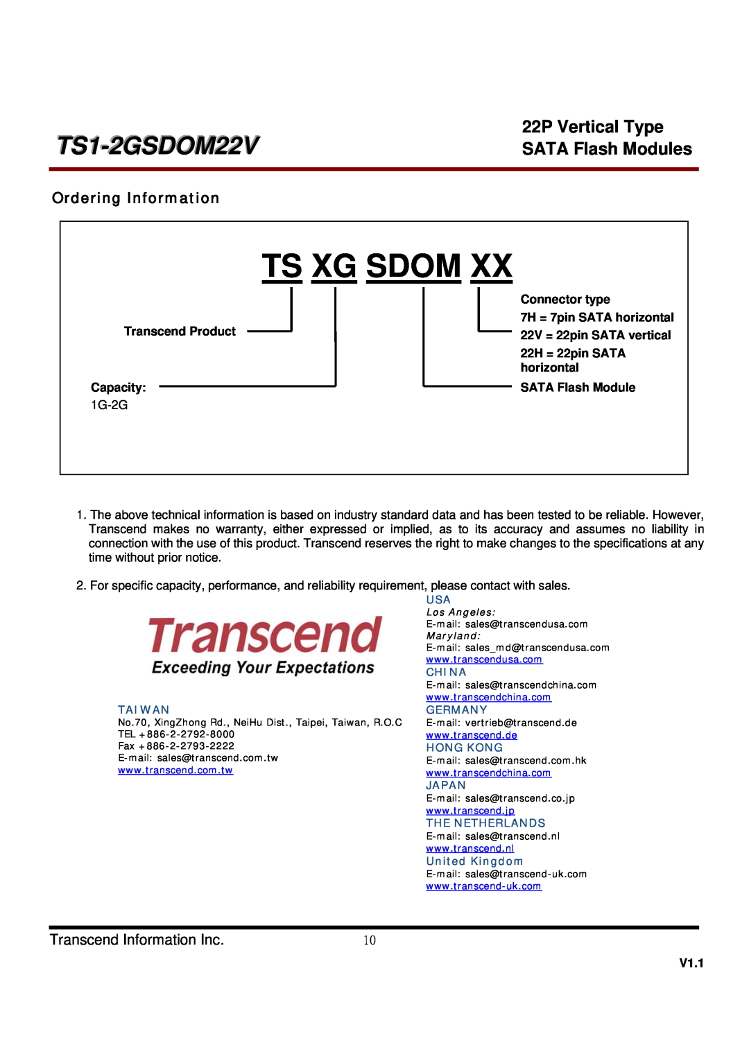 Transcend Information TS2GSDOM22V Ordering Information, Ts Xg Sdom, TS1-2GSDOM22V, 22P Vertical Type, SATA Flash Modules 