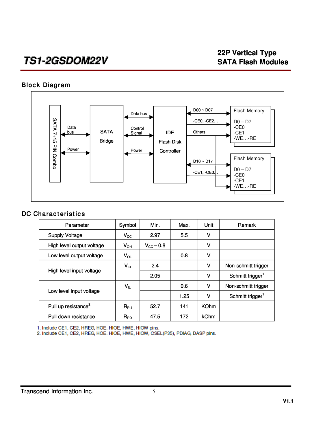 Transcend Information TS1GSDOM22V Block Diagram, DC Characteristics, TS1-2GSDOM22V, 22P Vertical Type, SATA Flash Modules 