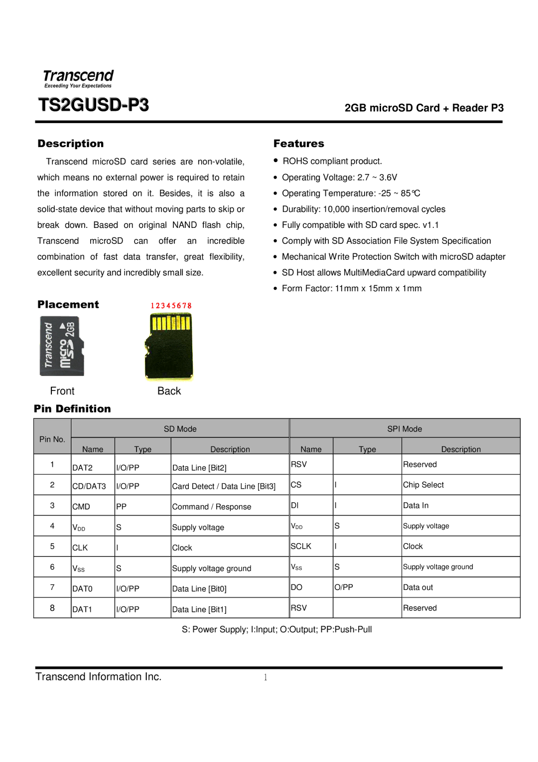 Transcend Information TS2GUSD-P3 manual 