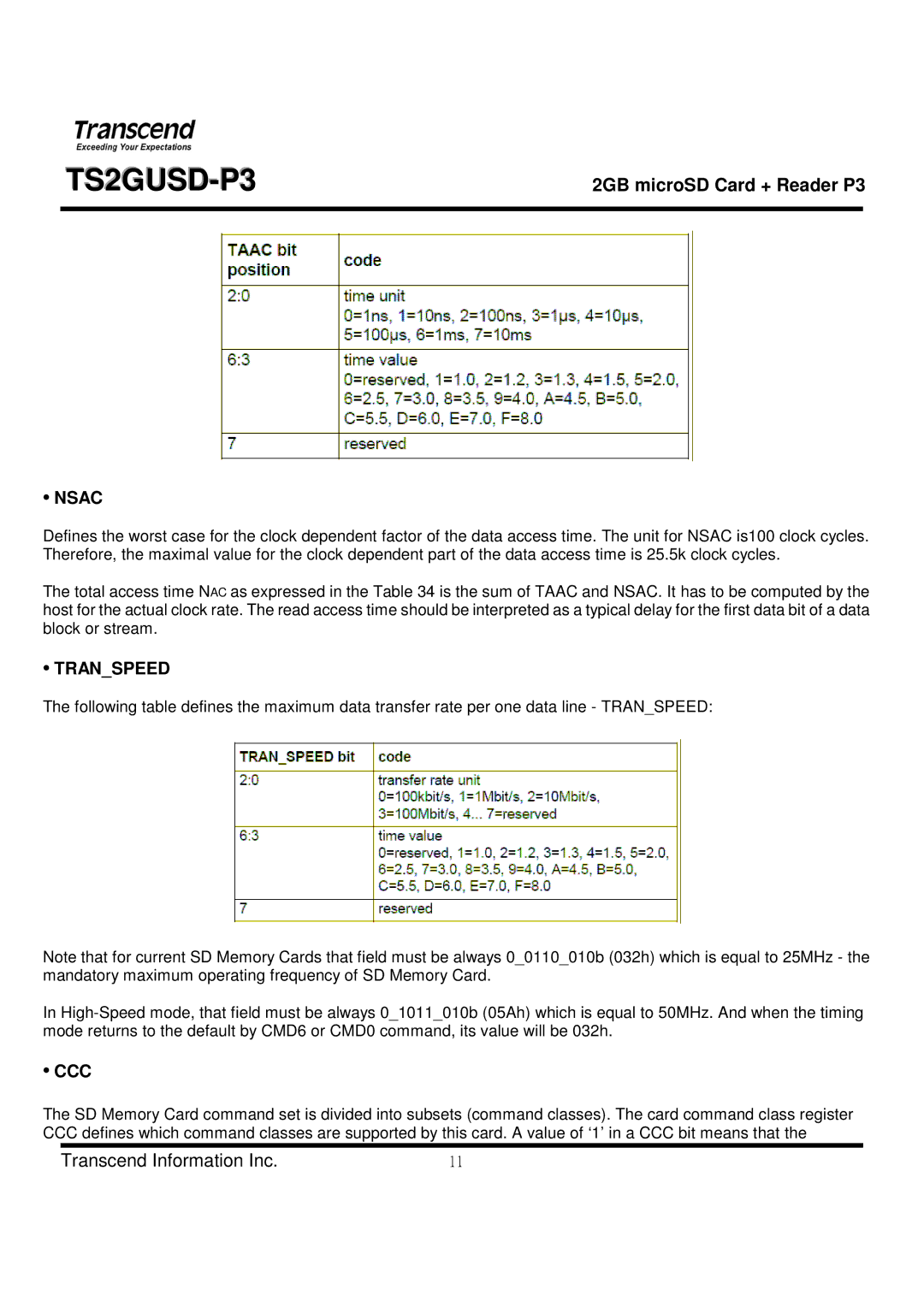 Transcend Information TS2GUSD-P3 manual Nsac, Transpeed, Ccc 