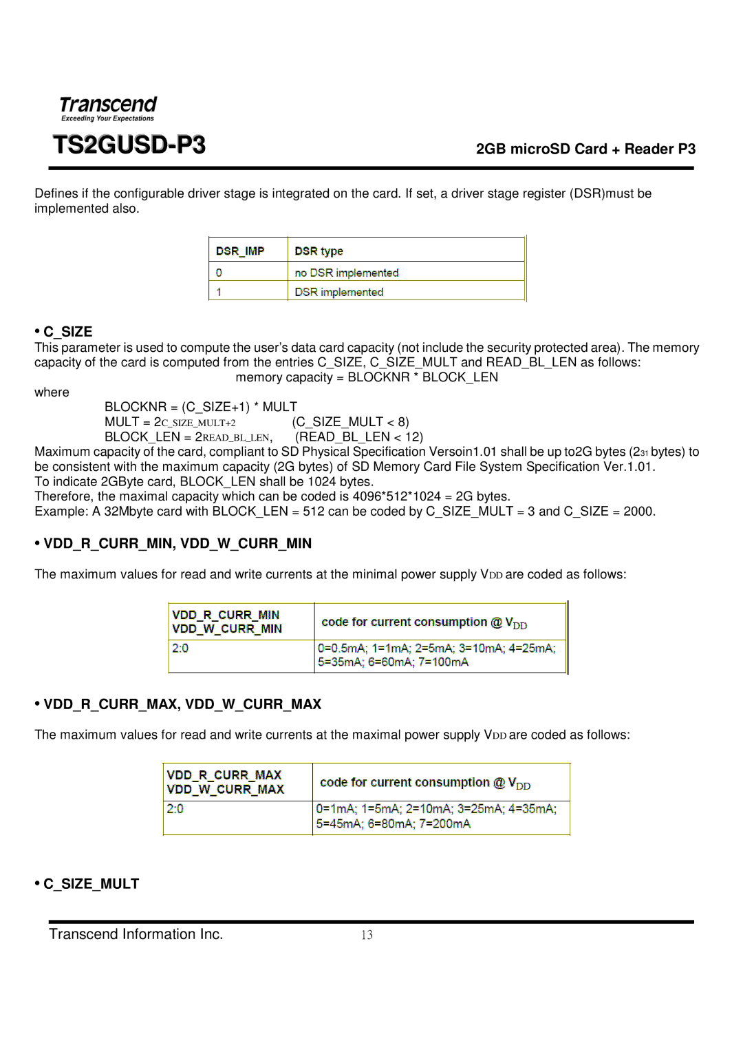 Transcend Information TS2GUSD-P3 manual VDDRCURRMIN, Vddwcurrmin, VDDRCURRMAX, Vddwcurrmax, Csizemult 