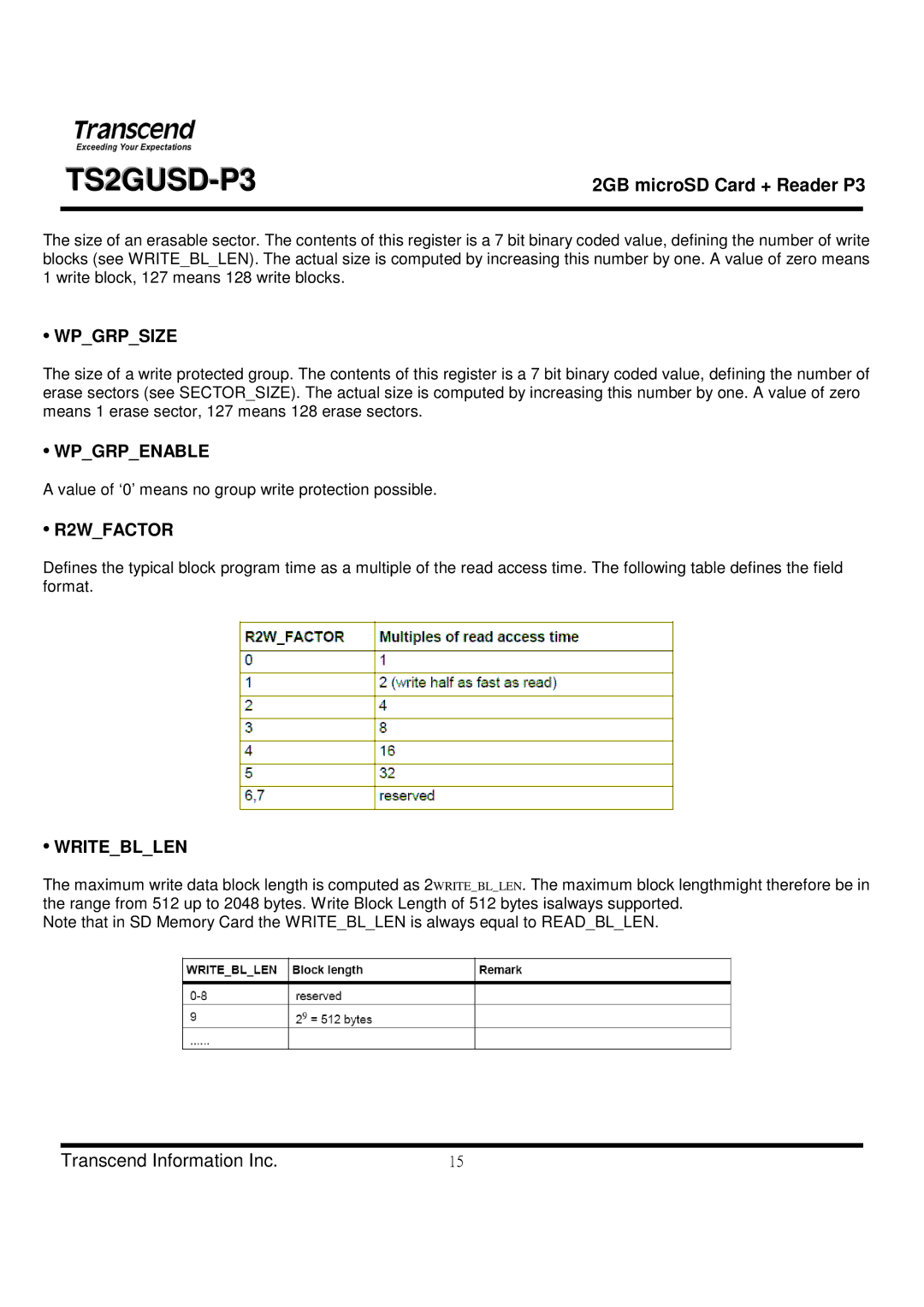 Transcend Information TS2GUSD-P3 manual Wpgrpsize, Wpgrpenable, R2WFACTOR, Writebllen 