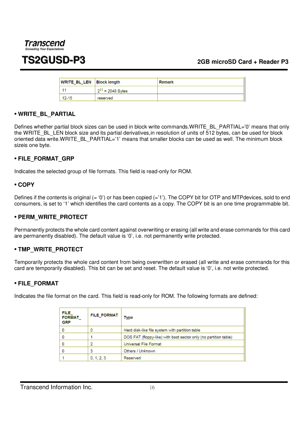 Transcend Information TS2GUSD-P3 manual Writeblpartial, Fileformatgrp, Copy, Permwriteprotect, Tmpwriteprotect 