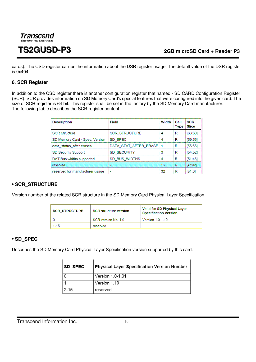 Transcend Information TS2GUSD-P3 manual Scrstructure, Sdspec 