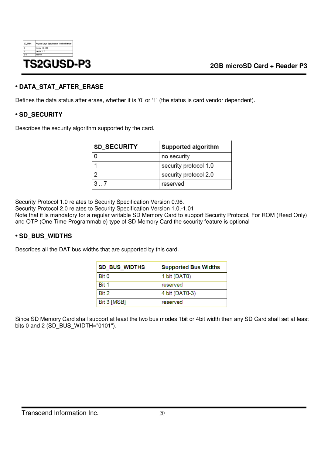 Transcend Information TS2GUSD-P3 manual Datastataftererase, Sdsecurity, Sdbuswidths 