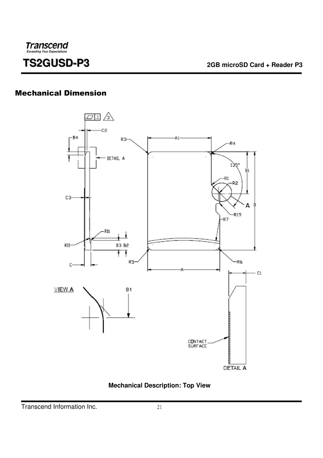 Transcend Information TS2GUSD-P3 manual Mechanical Description Top View 