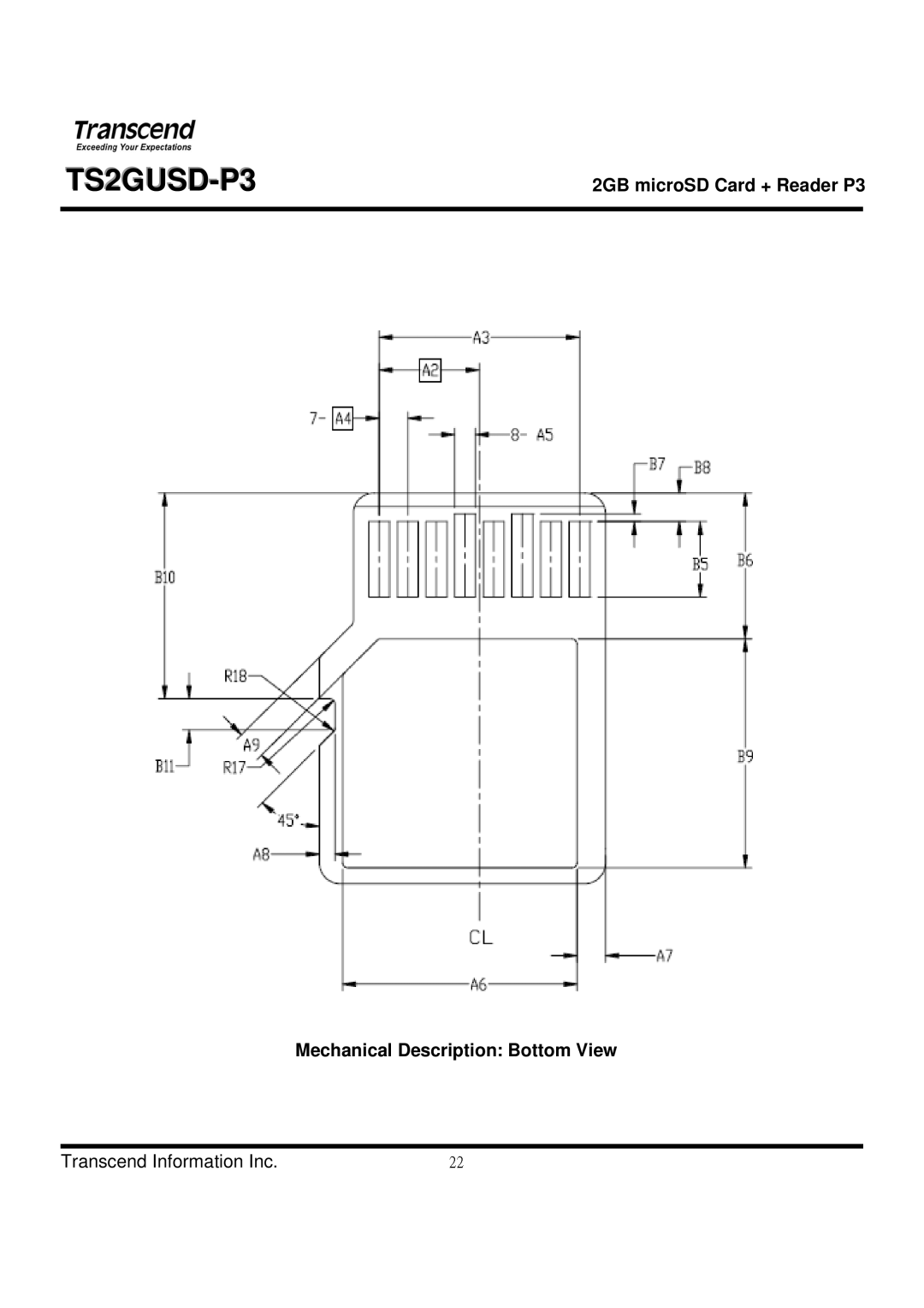 Transcend Information TS2GUSD-P3 manual Mechanical Description Bottom View 