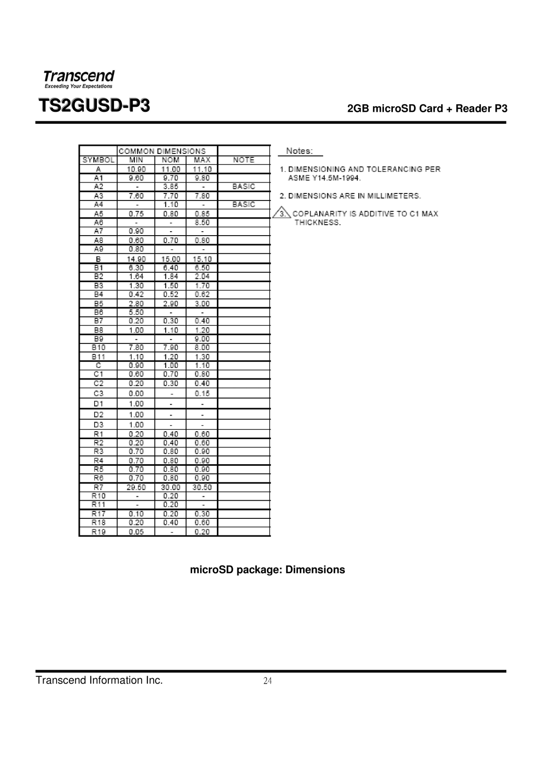 Transcend Information TS2GUSD-P3 manual MicroSD package Dimensions 