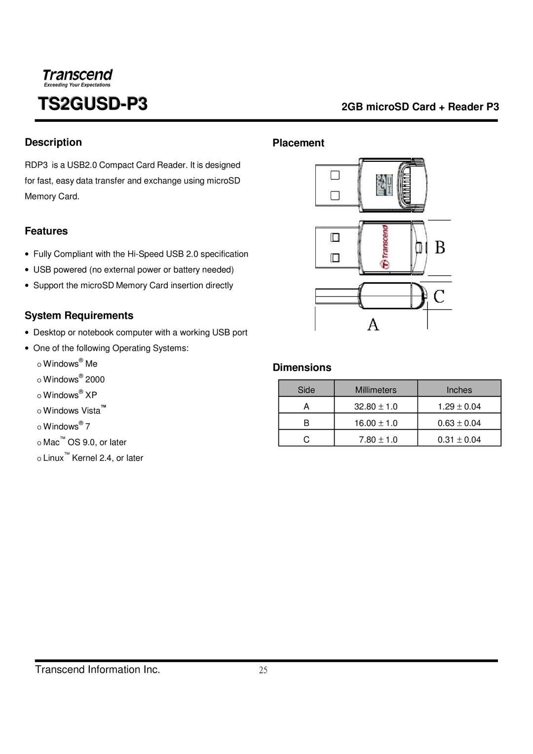 Transcend Information TS2GUSD-P3 manual Description, Features, System Requirements, Placement Dimensions 