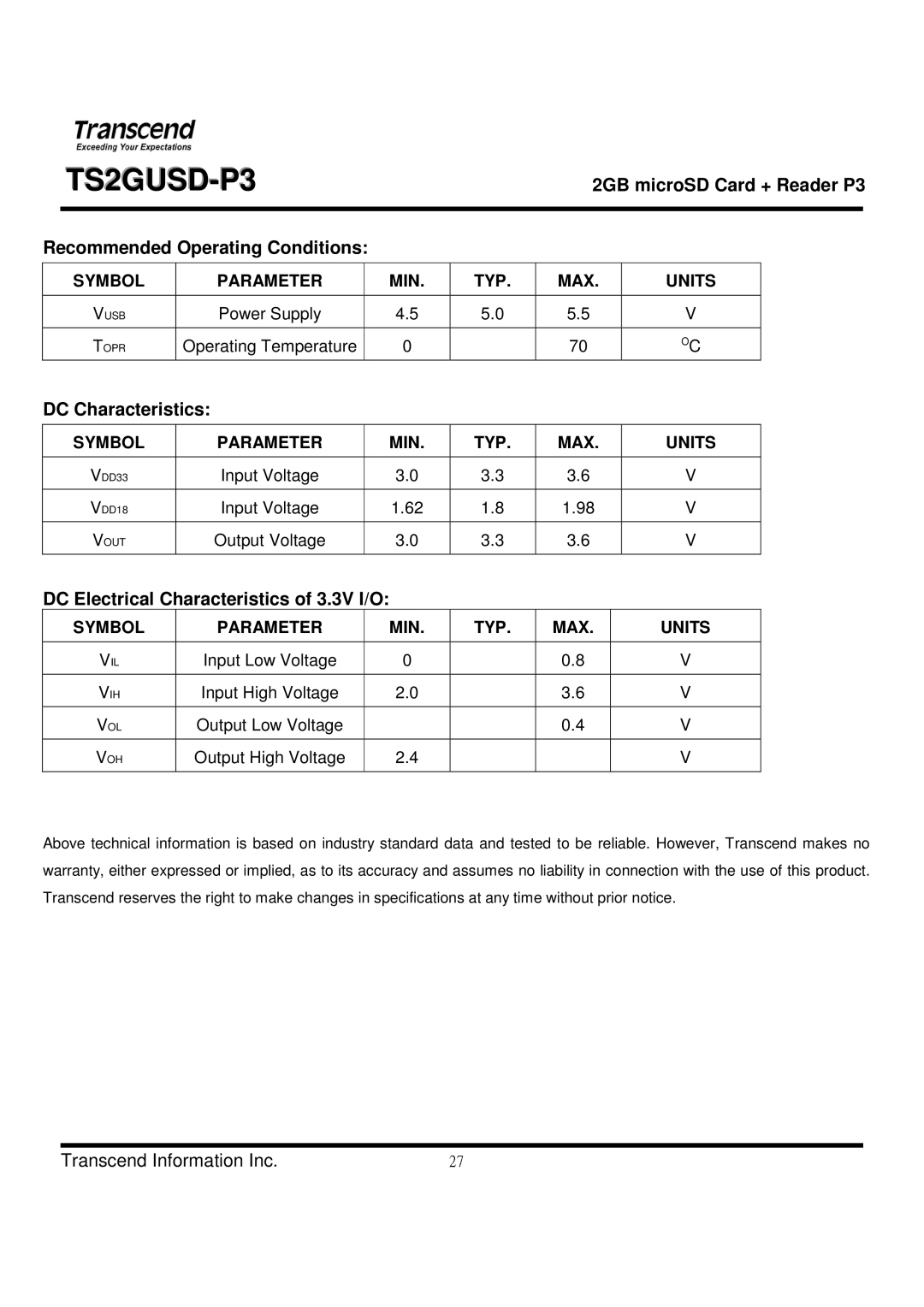 Transcend Information TS2GUSD-P3 manual Recommended Operating Conditions, DC Characteristics 