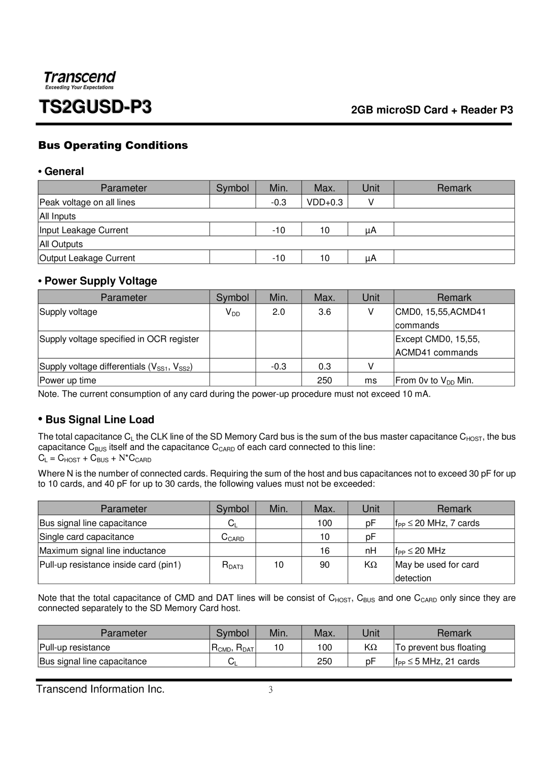 Transcend Information TS2GUSD-P3 manual General, Power Supply Voltage, Bus Signal Line Load 