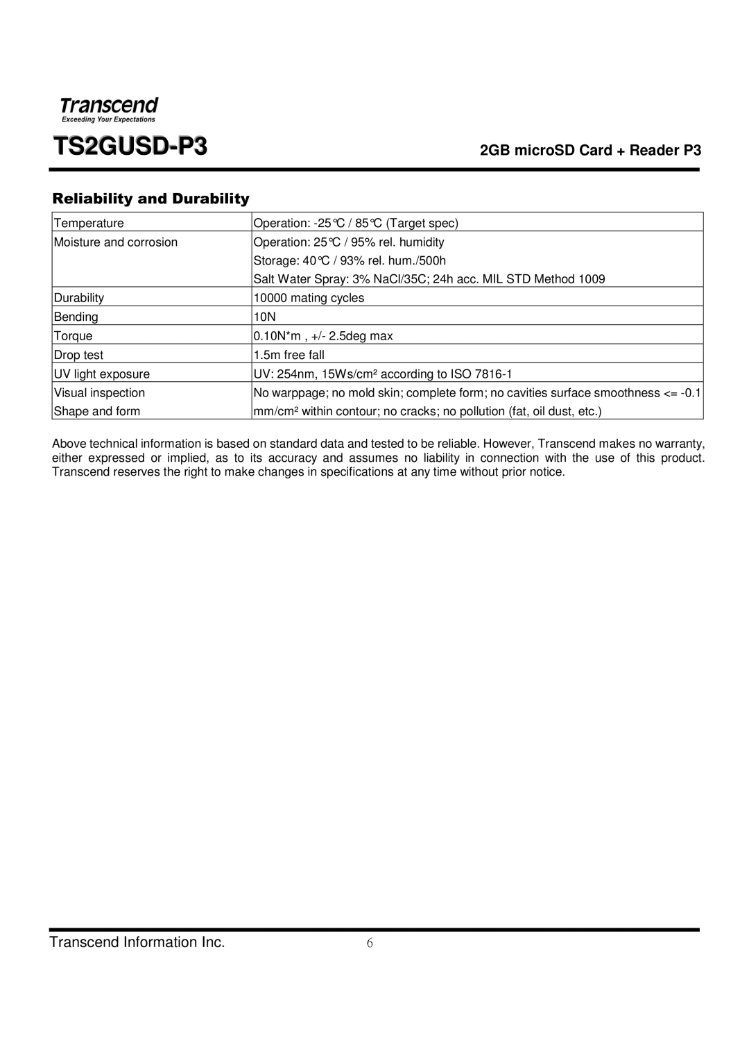 Transcend Information TS2GUSD-P3 manual Reliability and Durability 