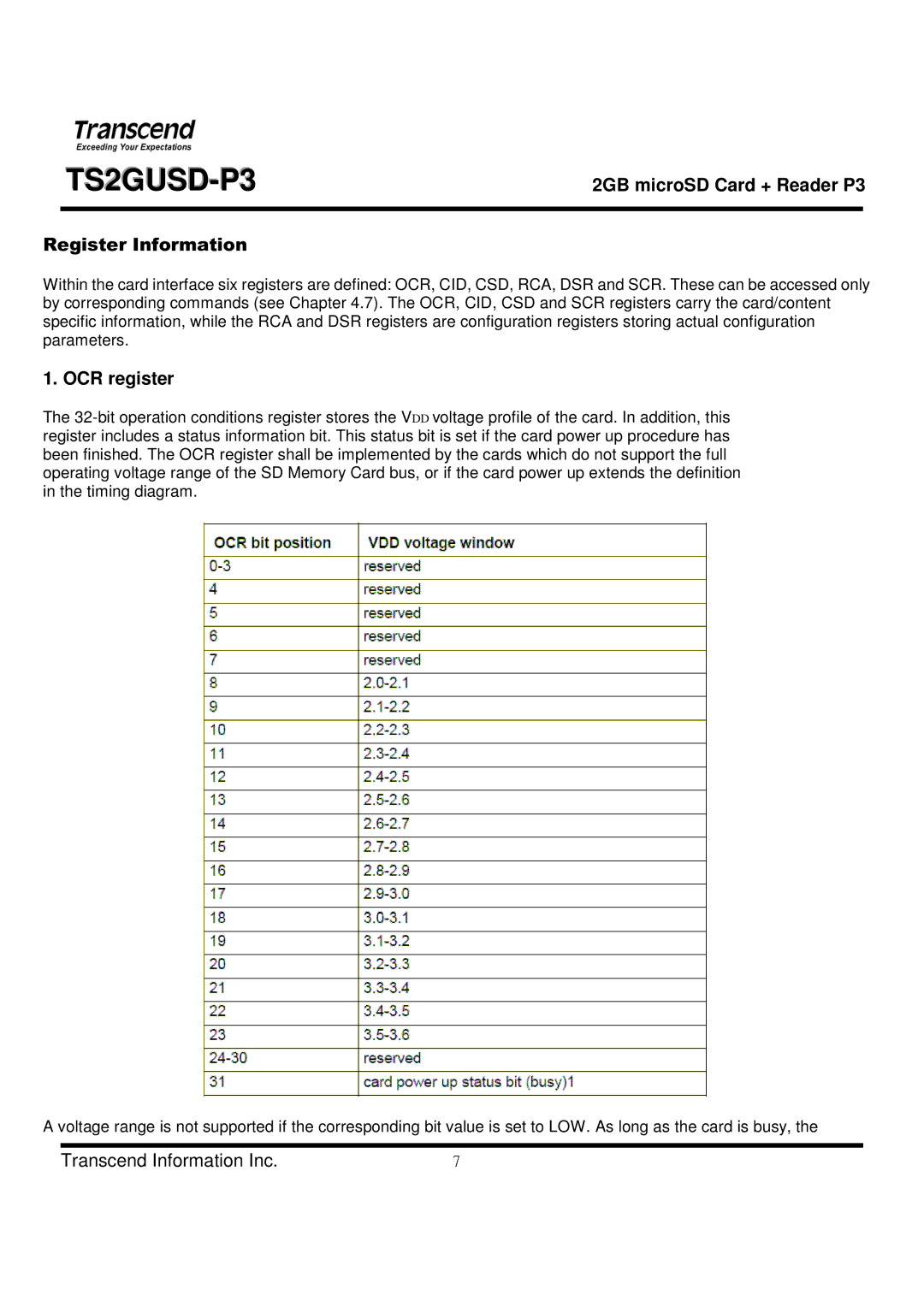 Transcend Information TS2GUSD-P3 manual Register Information, OCR register 