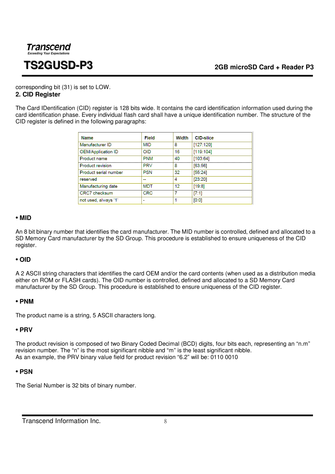 Transcend Information TS2GUSD-P3 manual Mid, Oid, Pnm, Prv, Psn 