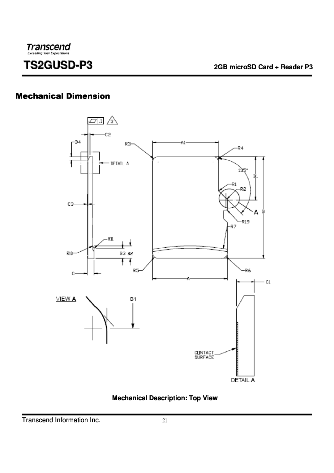 Transcend Information TS2GUSD-P3 manual Mechanical Description Top View, Mechanical Dimension, Transcend Information Inc 