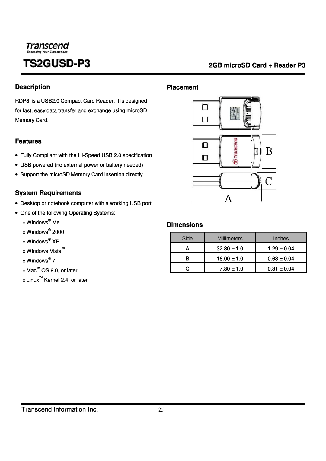 Transcend Information TS2GUSD-P3 manual Description, Features, System Requirements, Placement Dimensions 