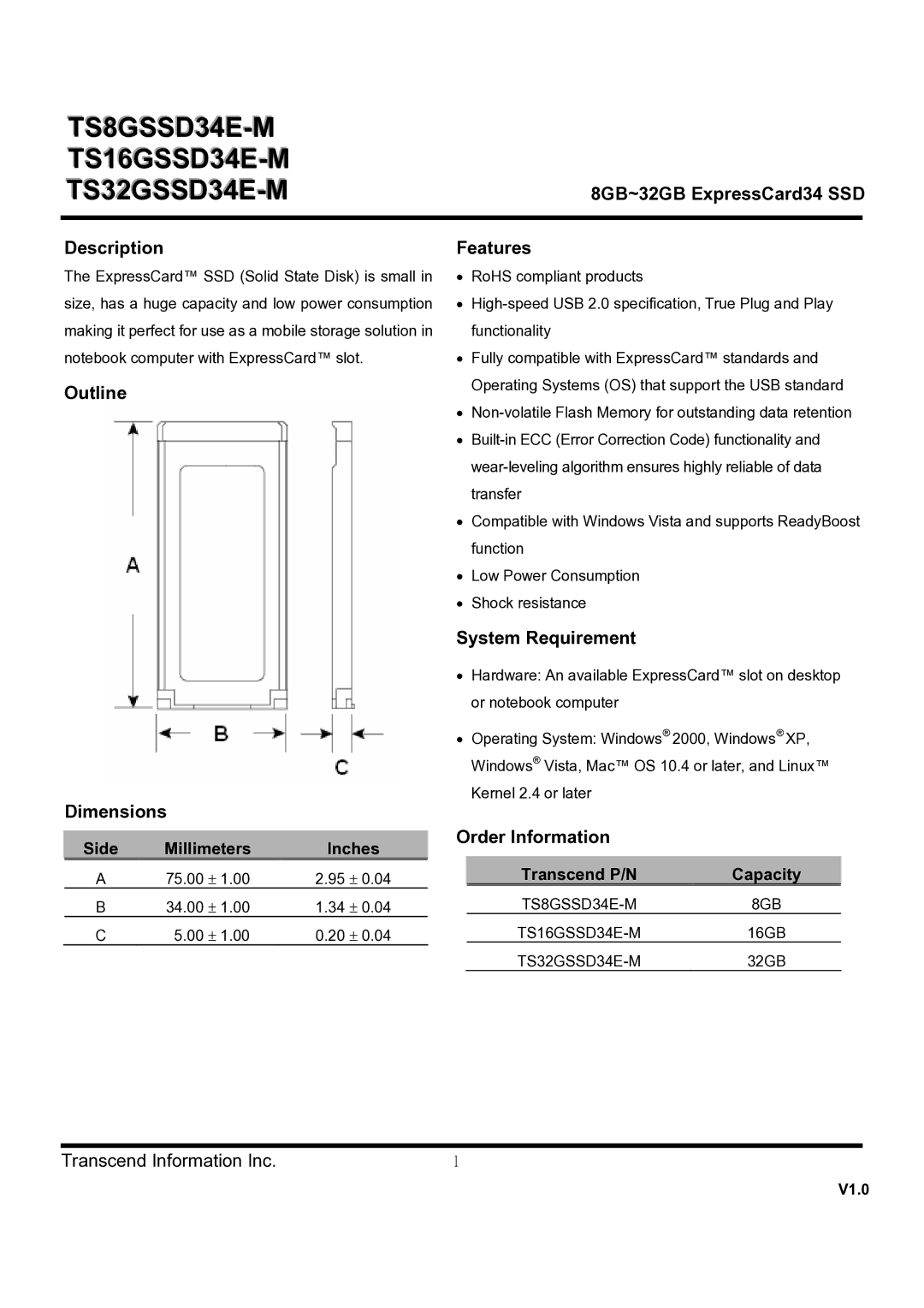 Transcend Information SSD34E dimensions 8GB~32GB ExpressCard34 SSD Description, Outline Dimensions, Features 