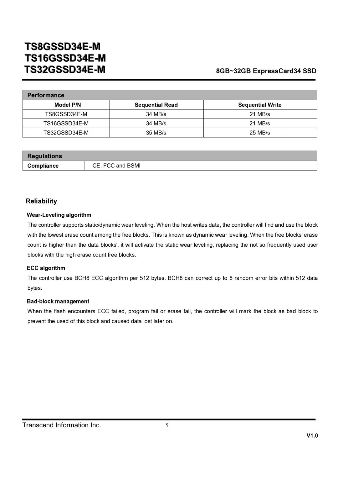 Transcend Information TS16GSSD34E-M, TS32GSSD34E-M 8GB~32GB ExpressCard34 SSD, Reliability, Performance, Regulations 