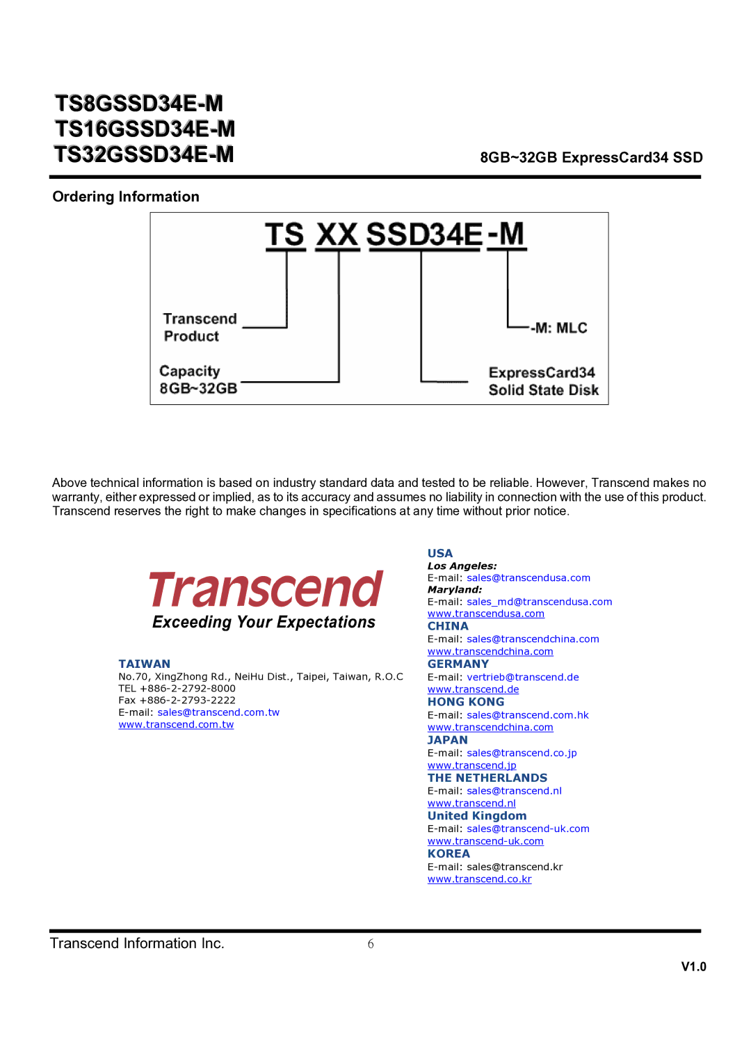 Transcend Information TS32GSSD34E-M, TS16GSSD34E-M dimensions Ordering Information, Taiwan Germany 