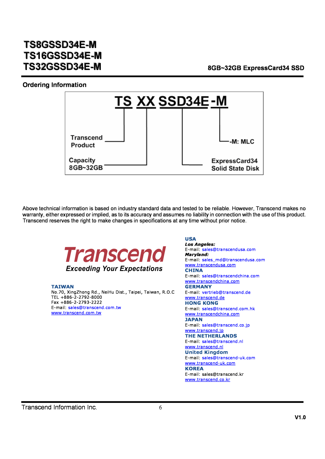 Transcend Information TS32GSSD34E-M dimensions Ordering Information, TS8GSSD34E-M TS16GSSD34E-M, Transcend Information Inc 
