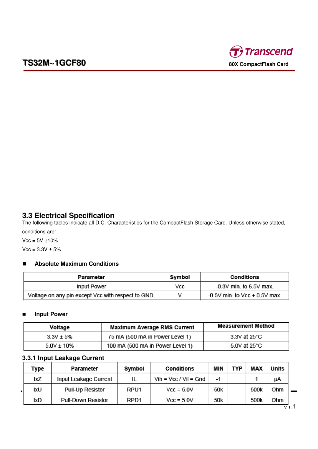 Transcend Information TS32M~1GCF80 dimensions Electrical Specification, Input Leakage Current 