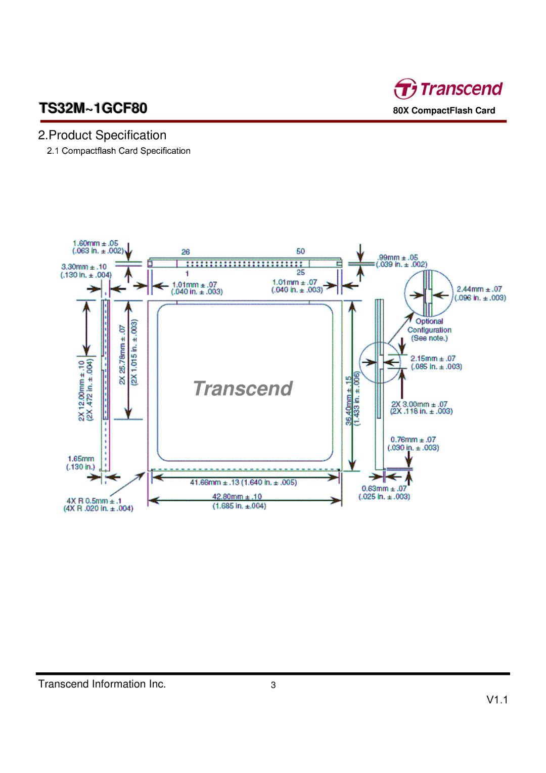 Transcend Information TS32M~1GCF80 dimensions Compactflash Card Specification 