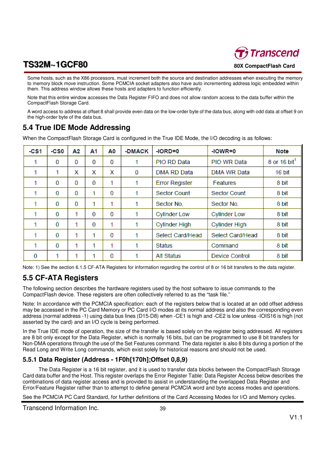 Transcend Information TS32M~1GCF80 True IDE Mode Addressing, CF-ATA Registers, Data Register Address 1F0h170hOffset 0,8,9 