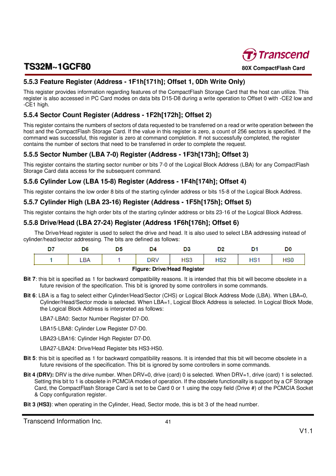 Transcend Information TS32M~1GCF80 dimensions Feature Register Address 1F1h171h Offset 1, 0Dh Write Only 