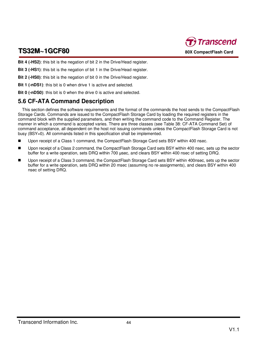 Transcend Information TS32M~1GCF80 dimensions CF-ATA Command Description 