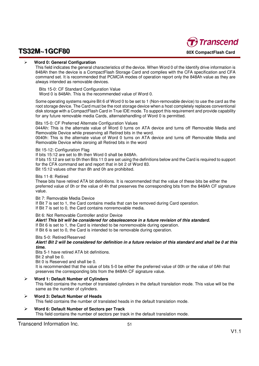 Transcend Information TS32M~1GCF80 dimensions Word 0 General Configuration, Word 1 Default Number of Cylinders 