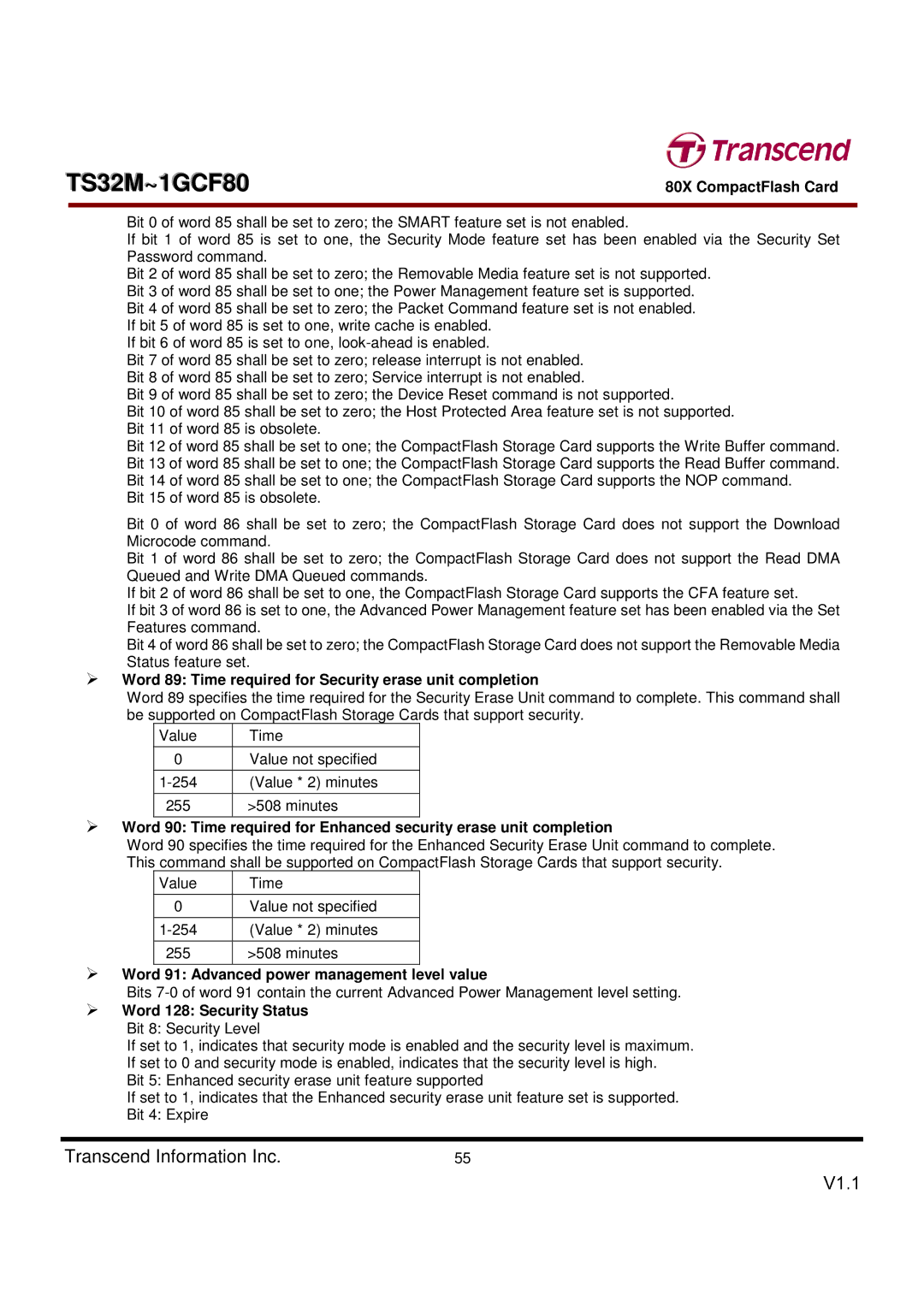 Transcend Information TS32M~1GCF80 dimensions Word 89 Time required for Security erase unit completion 