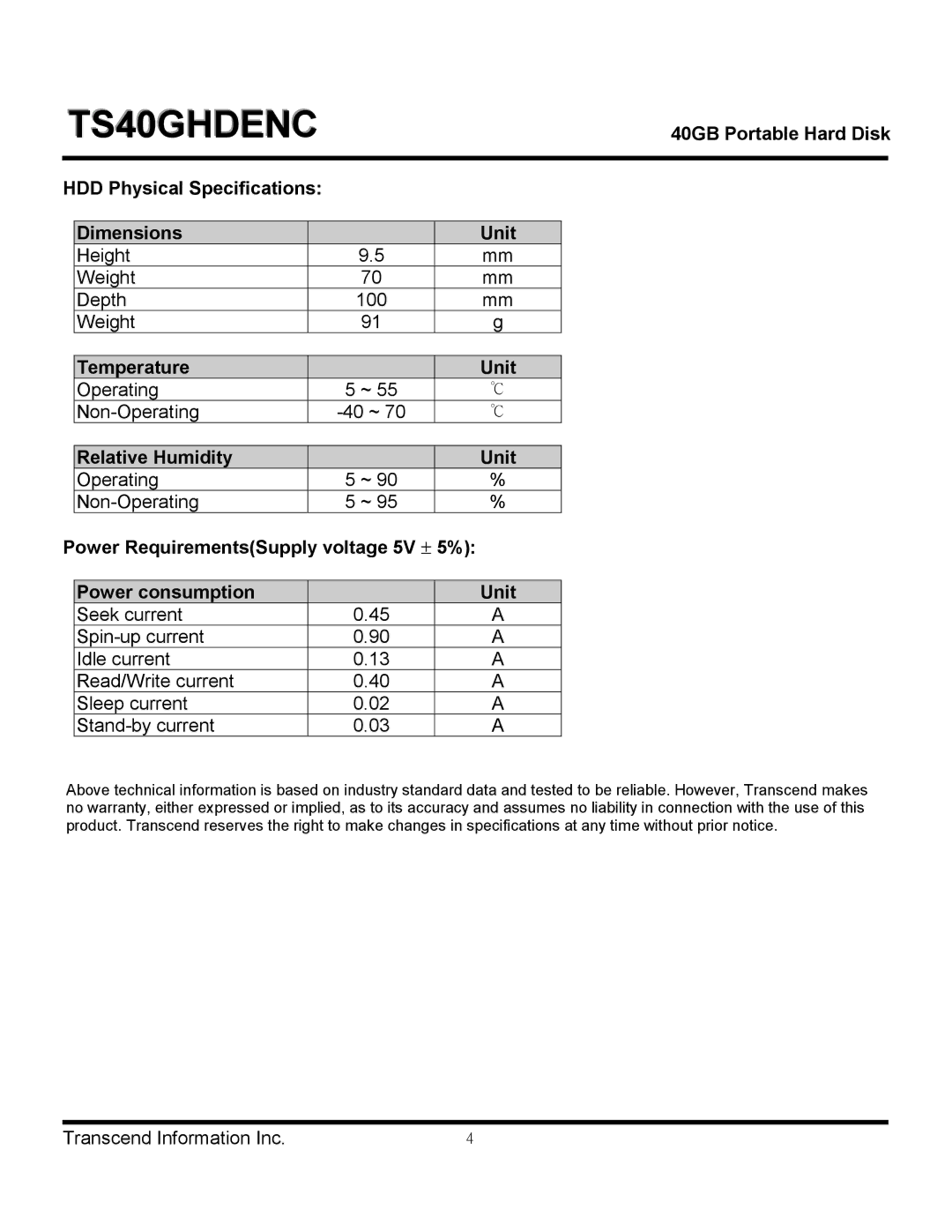 Transcend Information TS40GHDENC HDD Physical Specifications Dimensions Unit, Temperature Unit, Relative Humidity Unit 