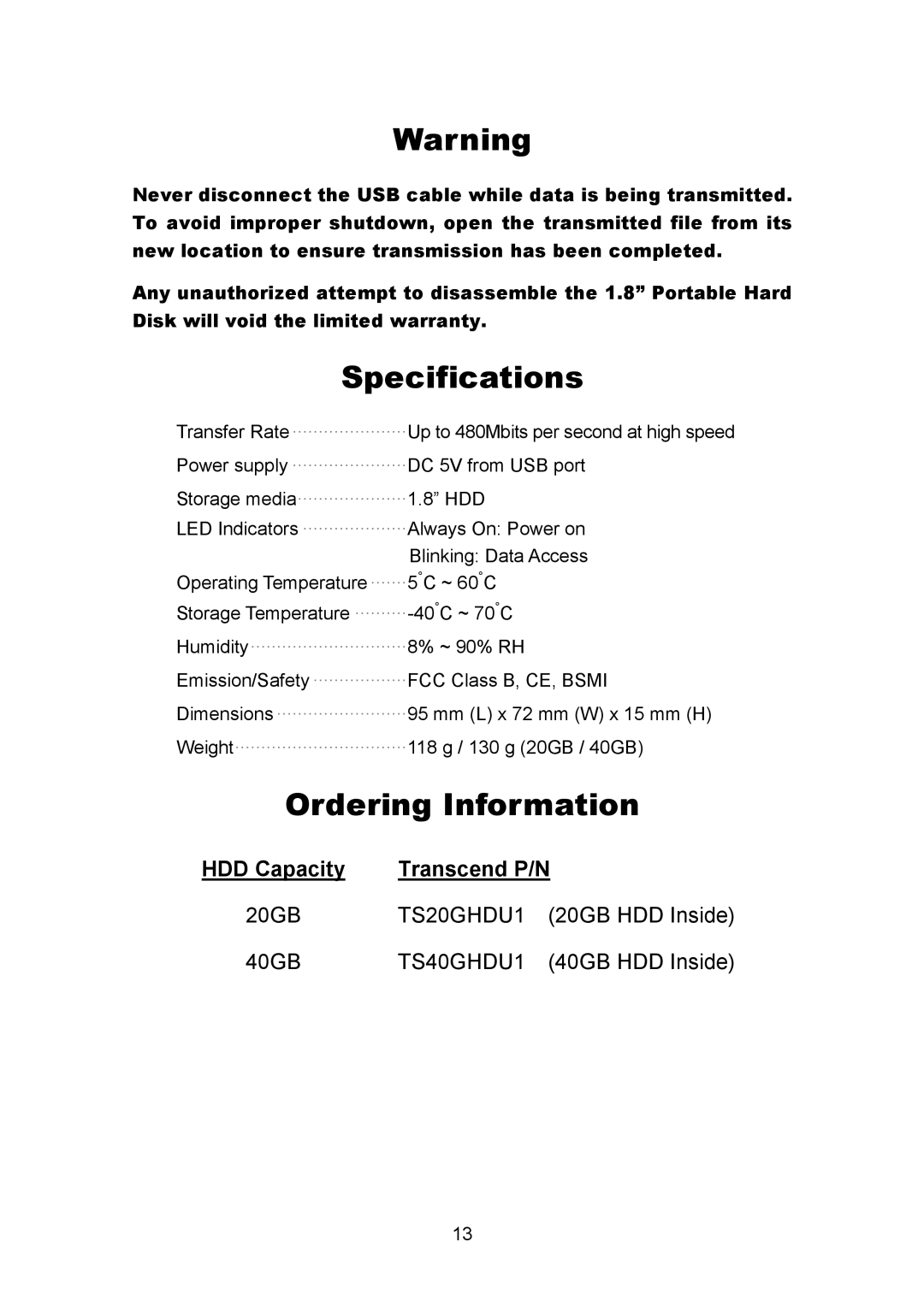 Transcend Information TS40GHDU1 user manual Specifications, Ordering Information 