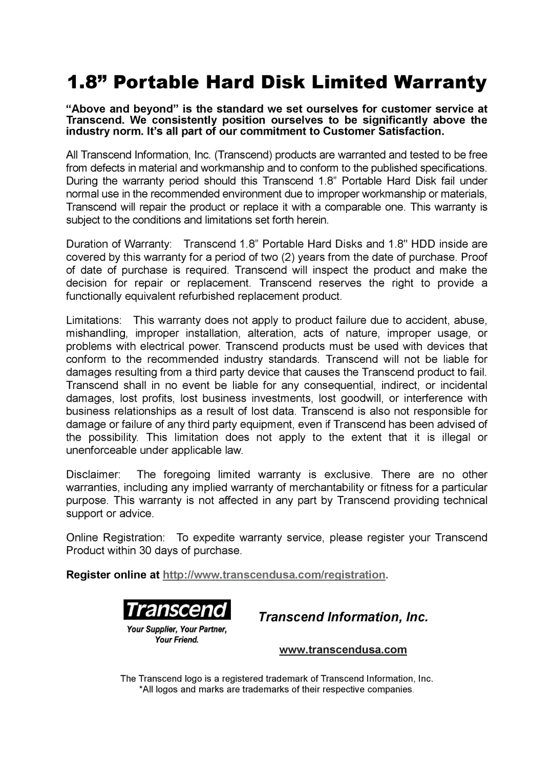 Transcend Information TS40GHDU1 user manual Portable Hard Disk Limited Warranty, Transcend Information, Inc 