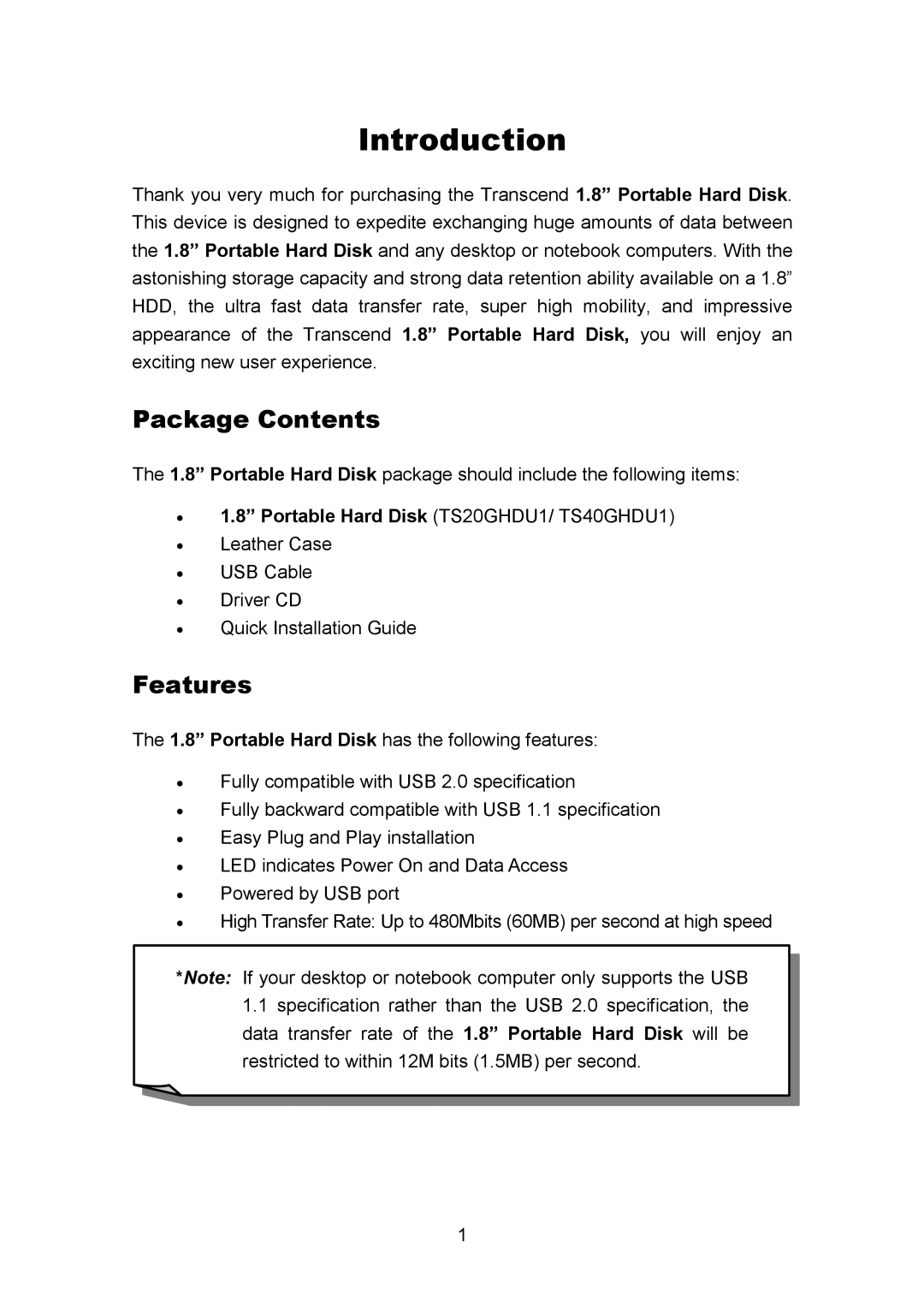 Transcend Information TS40GHDU1 user manual Introduction, Package Contents, Features 