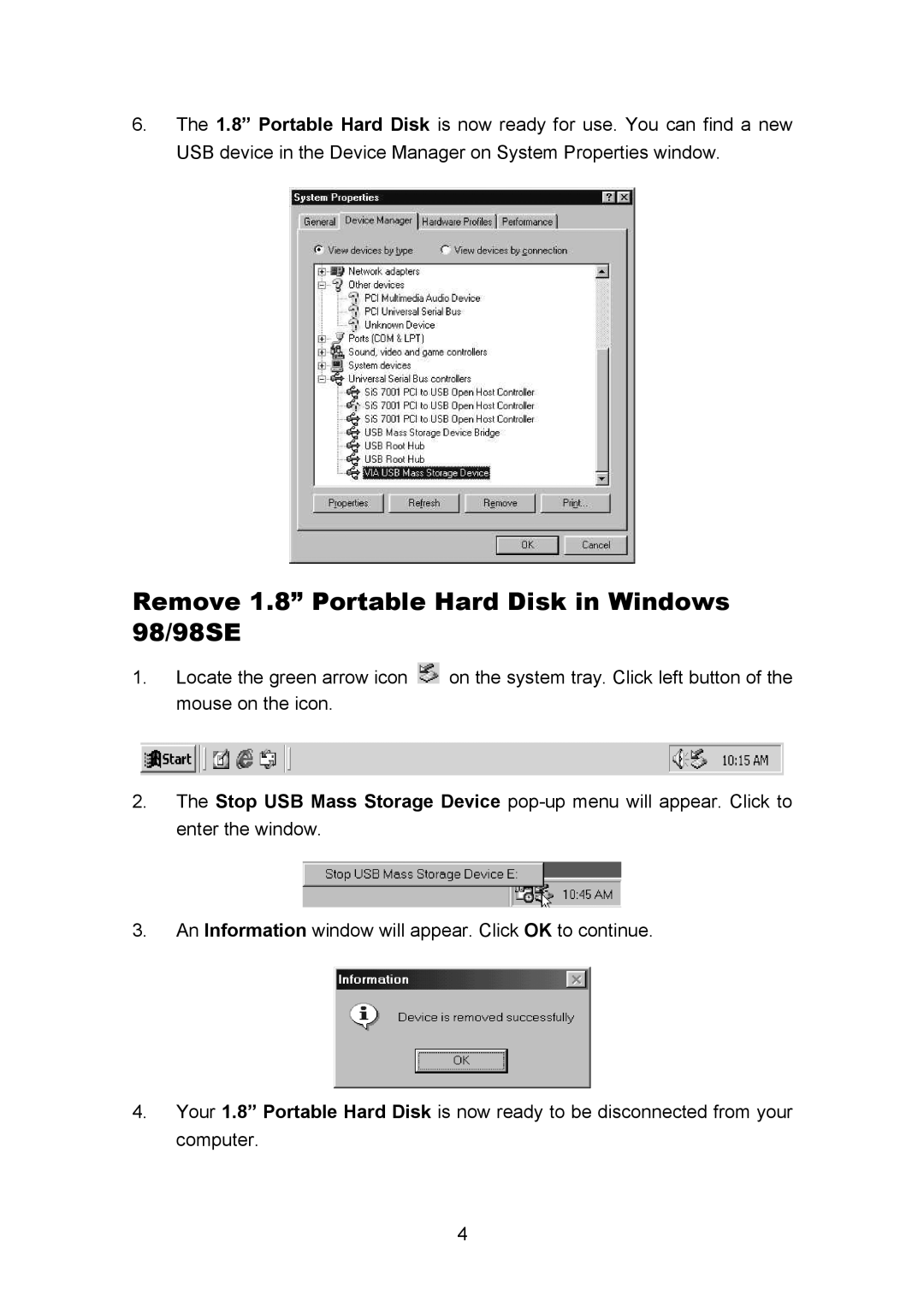 Transcend Information TS40GHDU1 user manual Remove 1.8 Portable Hard Disk in Windows 98/98SE 