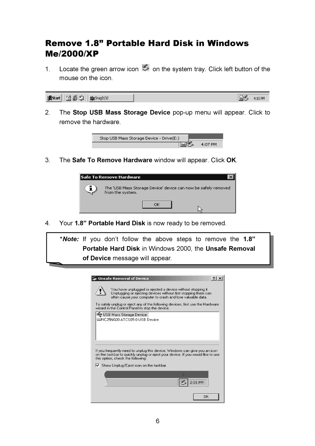 Transcend Information TS40GHDU1 user manual Remove 1.8 Portable Hard Disk in Windows Me/2000/XP 