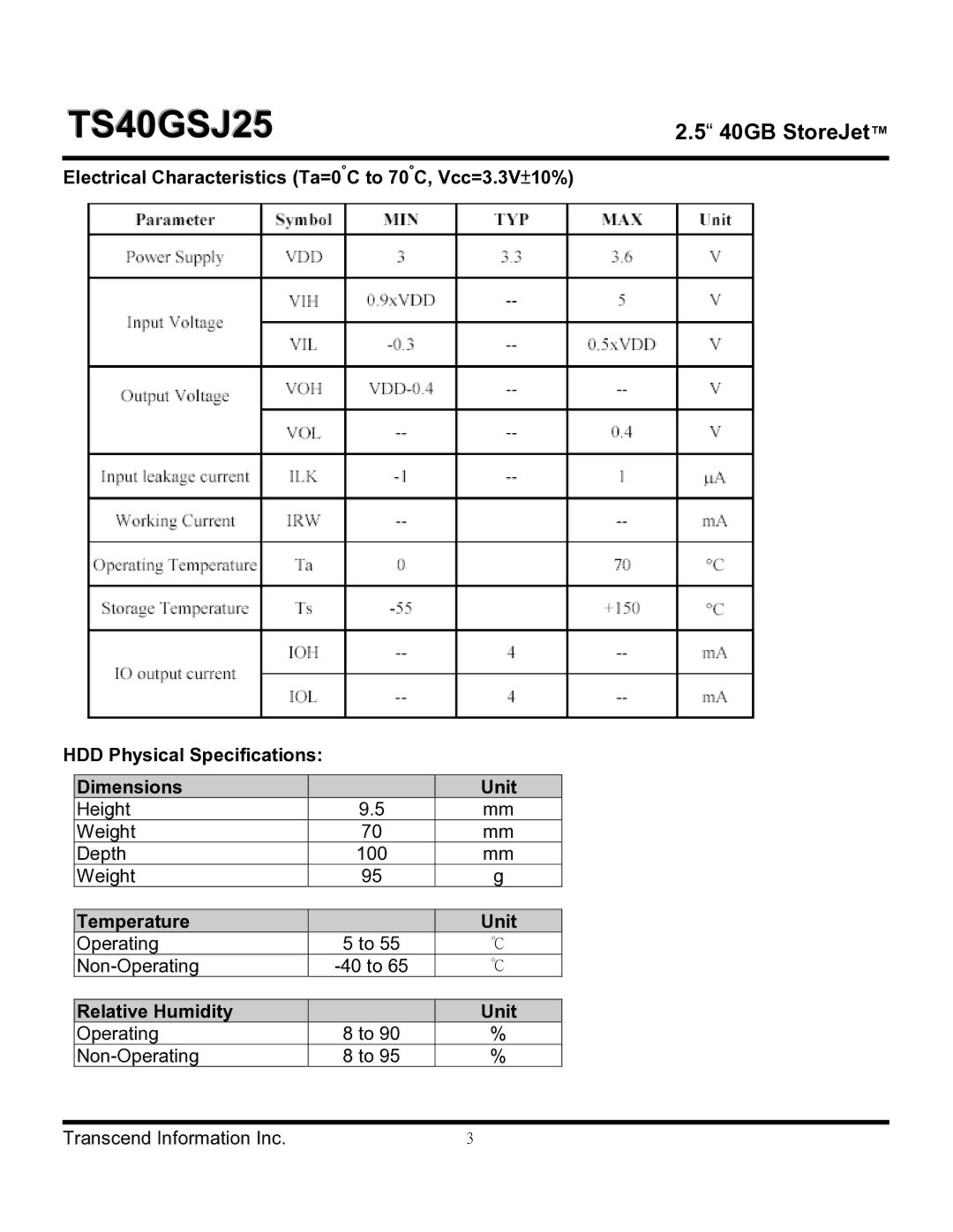 Transcend Information TS40GSJ25 dimensions Temperature Unit, Relative Humidity Unit 