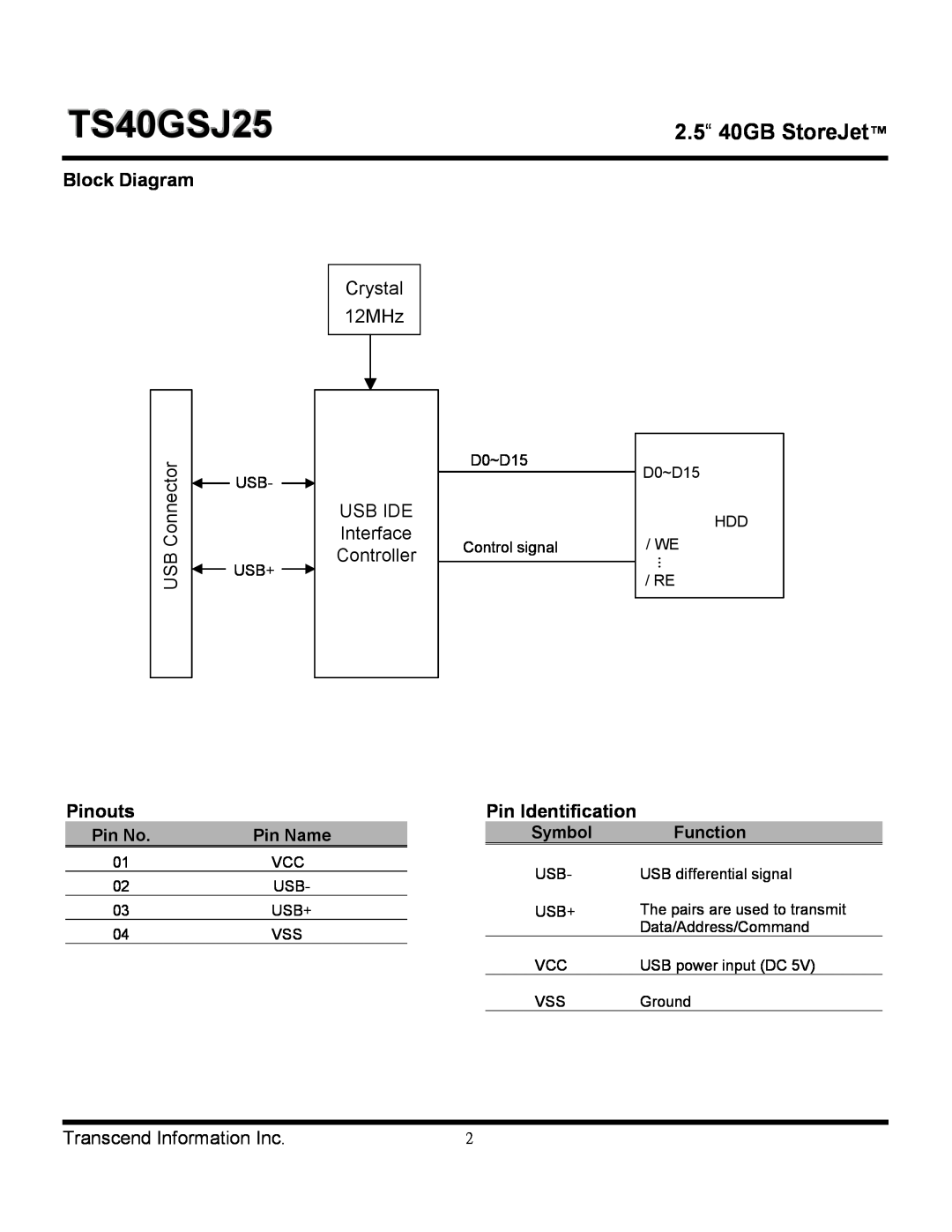 Transcend Information TS40GSJ25 Block Diagram, Pinouts, Pin Identification, 2.5“ 40GB StoreJet, Pin No, Pin Name, Symbol 