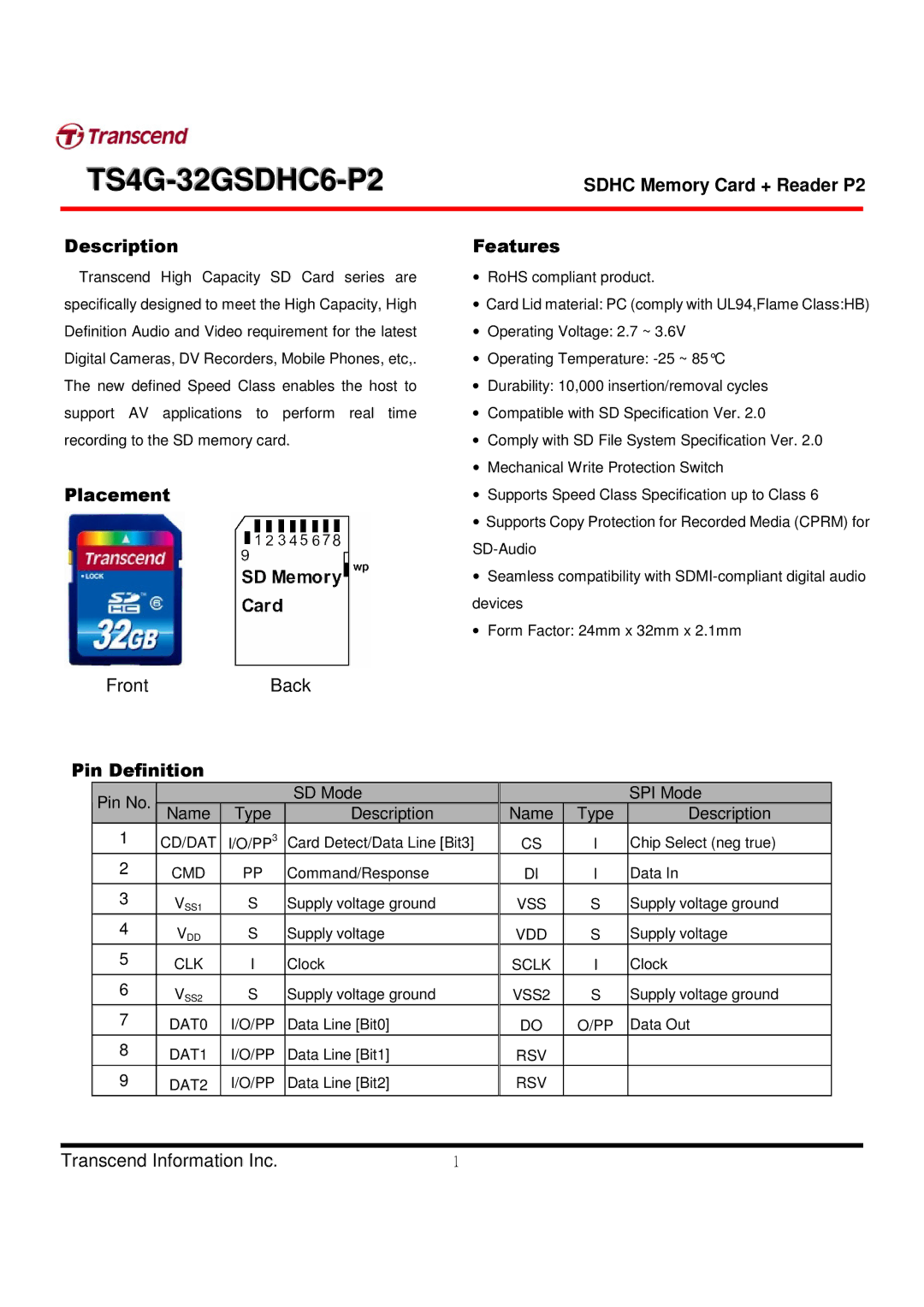 Transcend Information TS4G-32GSDHC6-P2 manual 