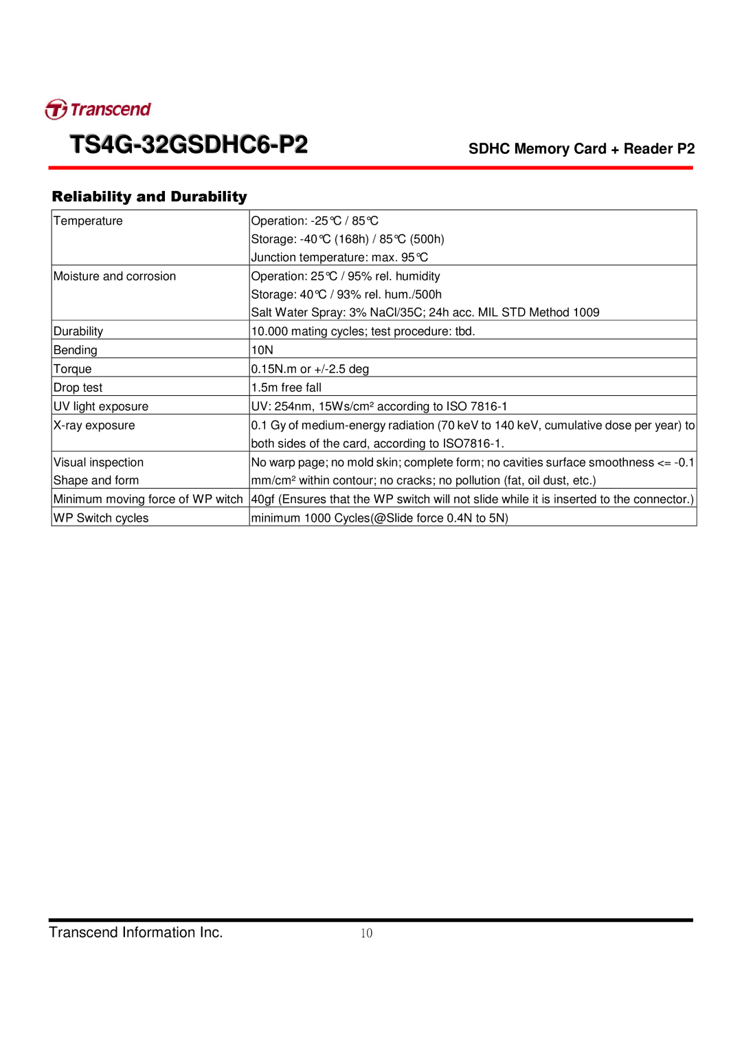 Transcend Information TS4G-32GSDHC6-P2 manual Reliability and Durability 