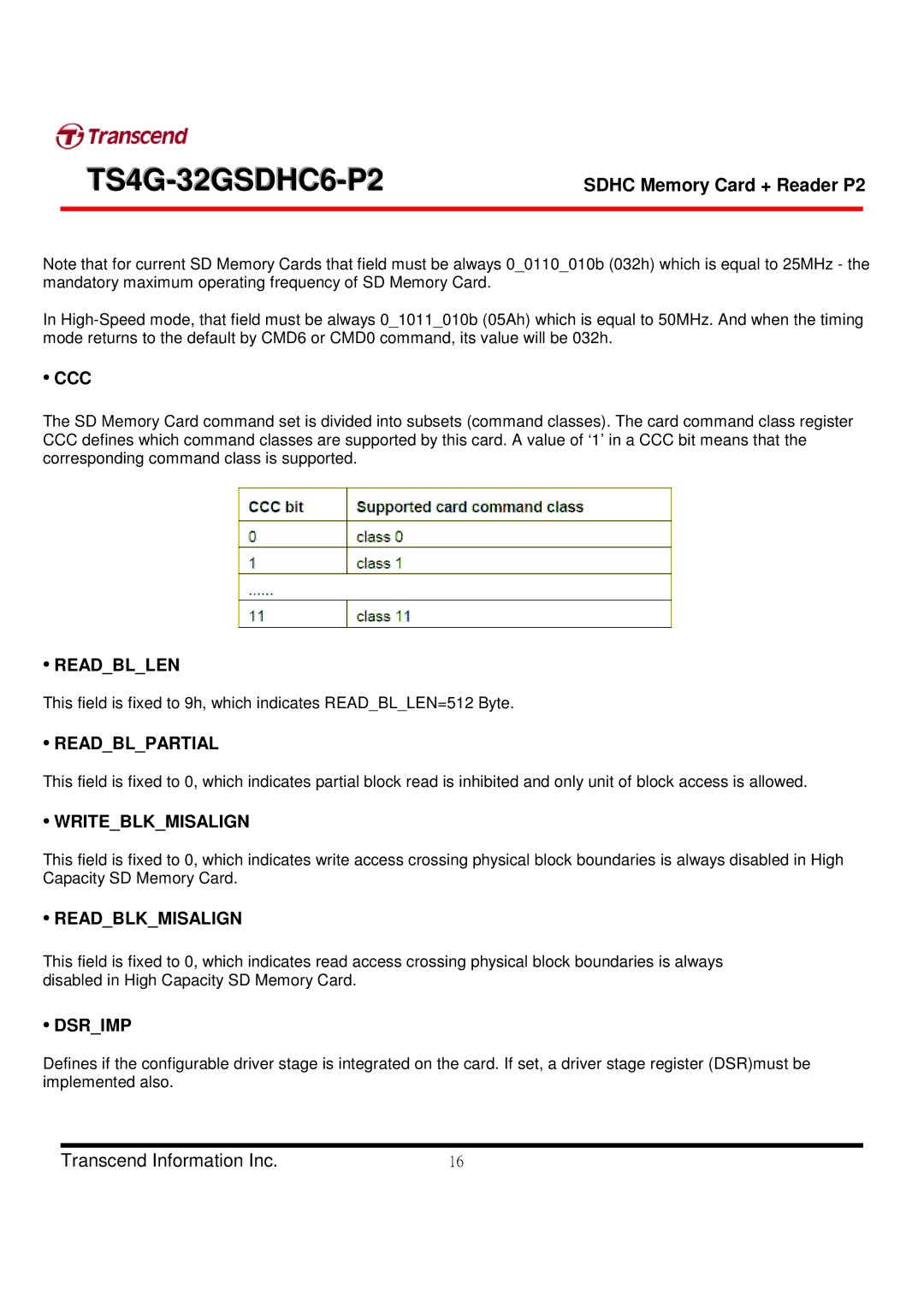 Transcend Information TS4G-32GSDHC6-P2 manual Ccc, Readbllen, Readblpartial, Writeblkmisalign, Readblkmisalign, Dsrimp 