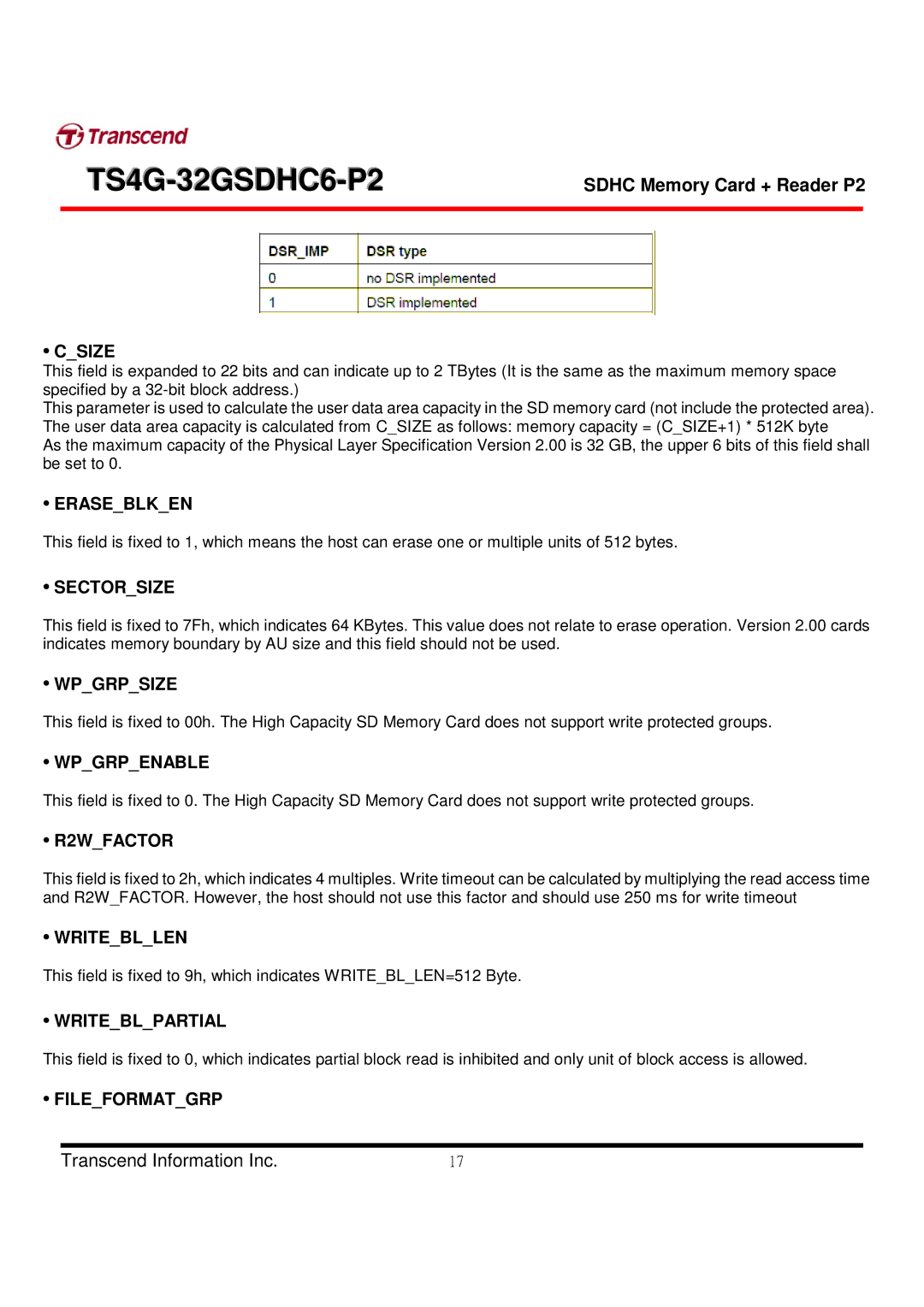 Transcend Information TS4G-32GSDHC6-P2 manual Csize, Eraseblken, Sectorsize, Wpgrpsize, Wpgrpenable, R2WFACTOR, Writebllen 