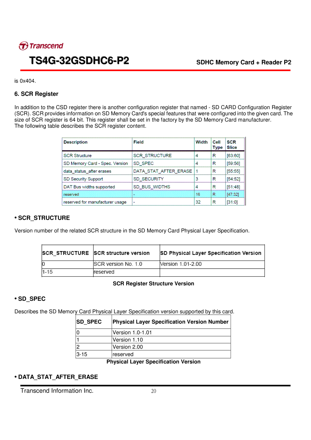 Transcend Information TS4G-32GSDHC6-P2 manual Scrstructure, Sdspec, Datastataftererase 