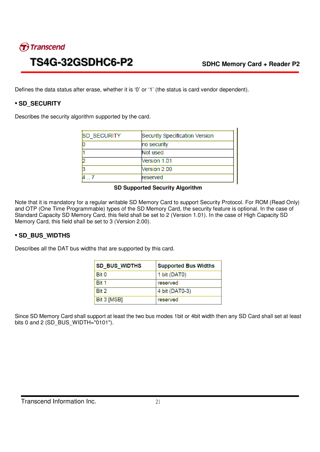 Transcend Information TS4G-32GSDHC6-P2 manual Sdsecurity, Sdbuswidths 